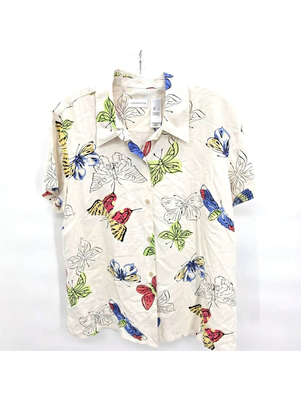 Liz Claiborne Shirt Womens L White Silk Butterfly Print Button Down Office Y2K